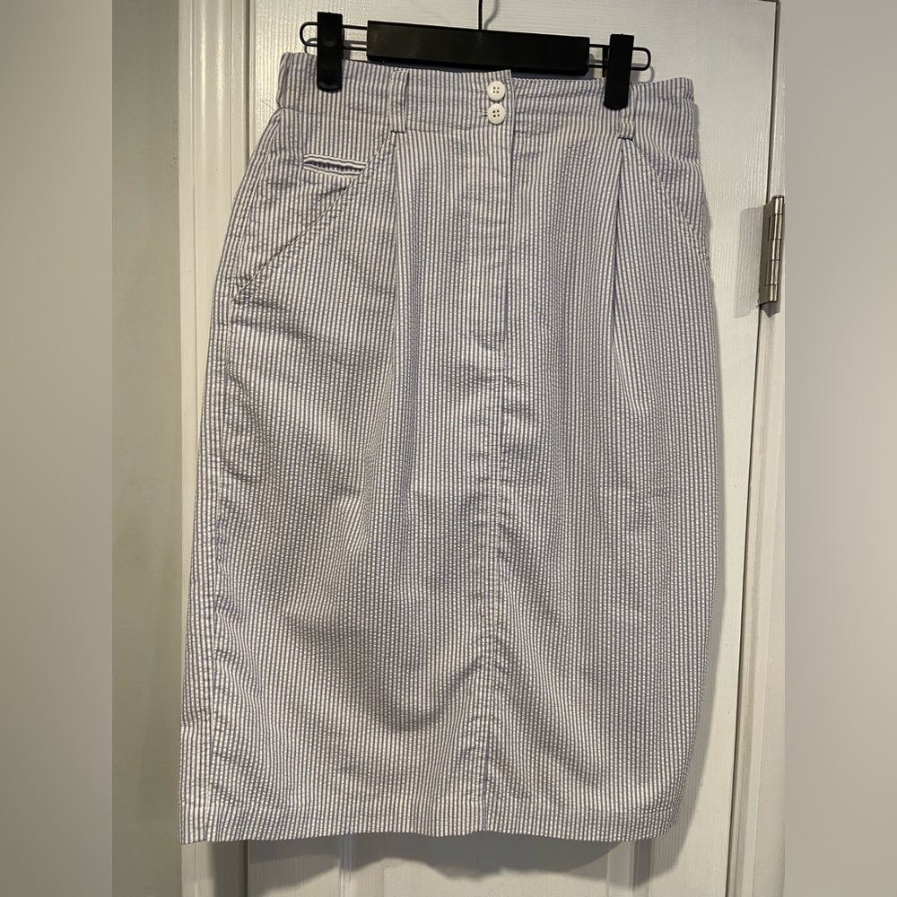 VTG Karen Scott Size 10 Pink White Stripe Seersucker Pencil Midi Skirt